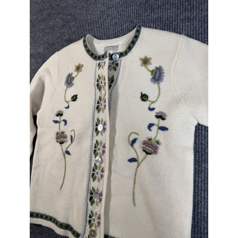 Coldwater Creek Ivory Floral Embroidered Knit Cardigan Sweater 100% Wool L Women - Picture 2 of 11